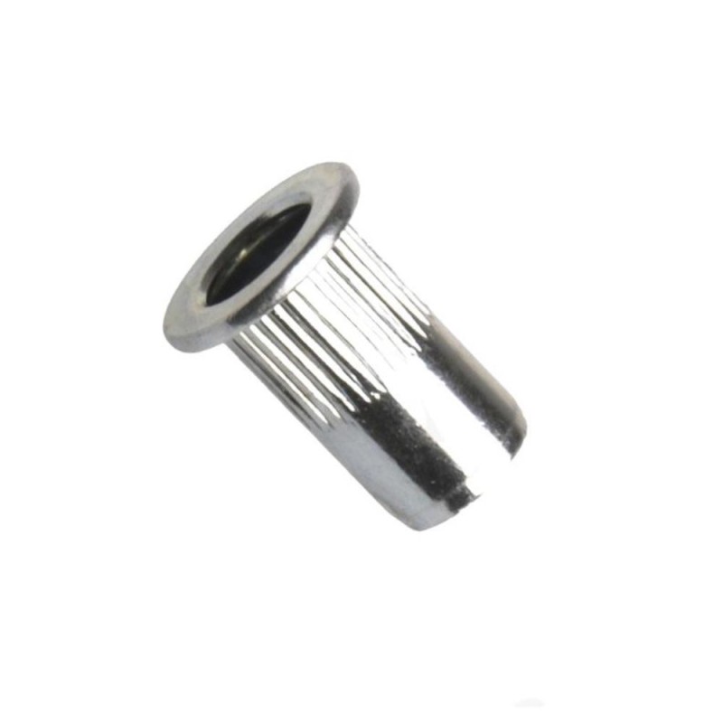 Matice nýtovací, plochá hlava, rýhovaná, otevřená, ocel, zinek bílý, m6 / 0.5-3.0 mm Matice nýtovací, plochá hlava, rýhovaná, otevřená, ocel, zinek bílý, m6 / 0.5-3.0 mm