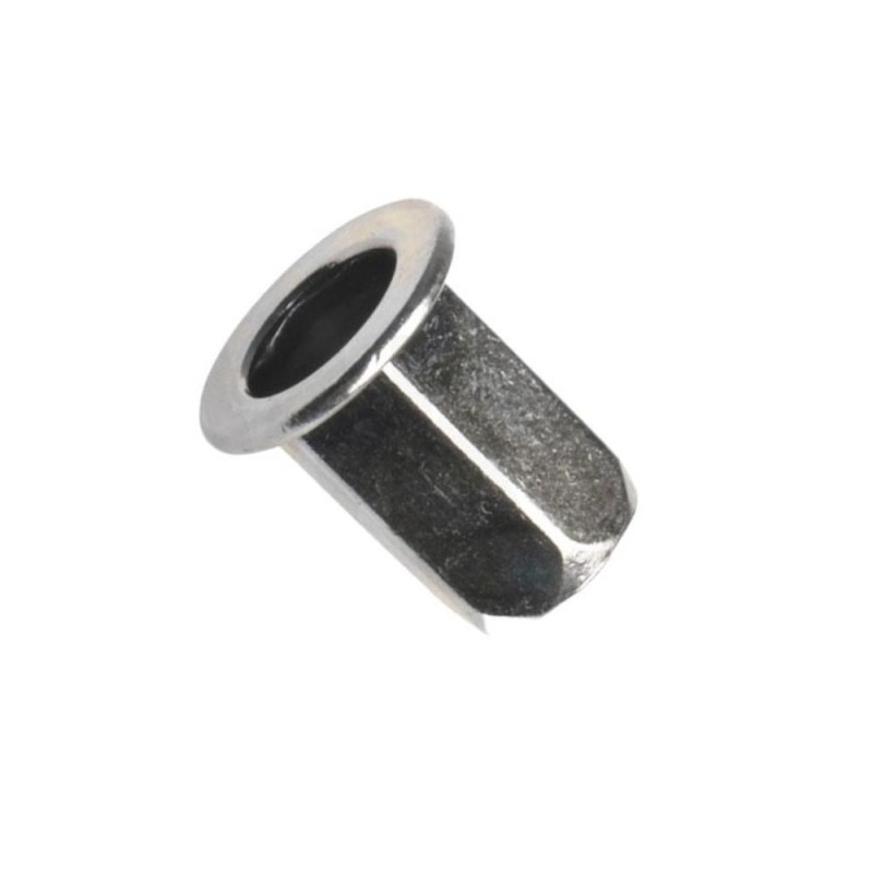 Matice nýtovací, plochá hlava, šestihranná, hladká, otevřená, ocel, zinek bílý, m4 / 0.5-2.0 mm